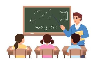 Matematik öğretmeni konsepti. Adam tahtanın başında duruyor ve formüllere ve geometrik şekillere işaret ediyor. Çocuklar öğretmeni dinleyin. Vektör İllüstrasyonu