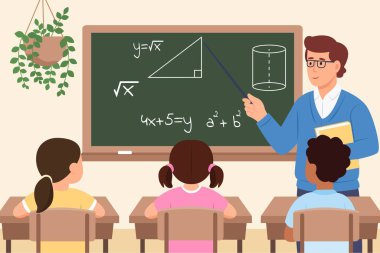 Matematik öğretmeni konsepti. Adam tahtanın başında duruyor ve formüllere ve geometrik şekillere işaret ediyor. Çocuklar öğretmeni dinleyin. Vektör İllüstrasyonu