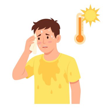 Adam terini peçeteyle siliyor. Sıcak termometresi olan terli bir adam. Vektör illüstrasyonu