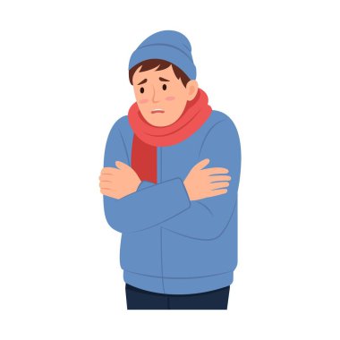 İnsanlar soğuktan titriyor ve acı çekiyor. Kış mevsimi. Düşük ateş. Mutsuz titreyen kişi. Vektör kavramı