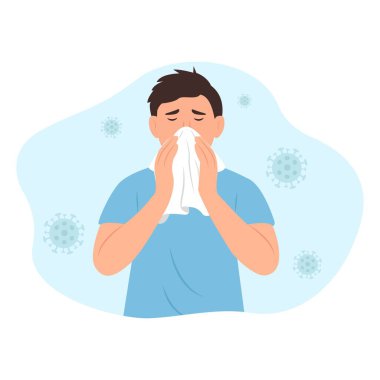 Adam hapşırıyor. Hastalık, hastalık, grip, ateş, öksürük, kötü semptom, sağlık sigortası. Düz vektör resimleme karakteri.