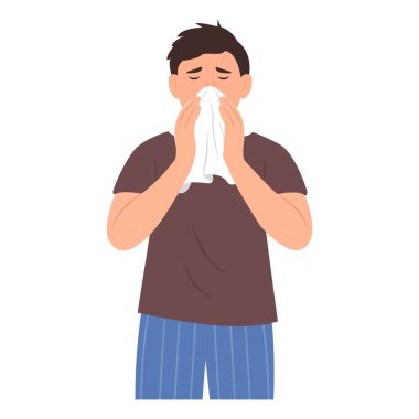 Soğuk algınlığı, tıkanıklık ve hapşırık geçiren hasta bir adam. Ağzı kapatmak için mendil kullanarak hapşırma görgü kuralı hareketi. Vektör illüstrasyonu