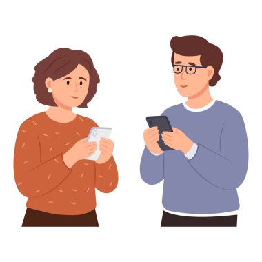  Canlı yayında internet iletişimi sırasında cep telefonlu kadın ve erkek. İletişim kurmak için akıllı telefonlar, kuryeler, sosyal medya kullanan arkadaşlar. Düz vektör çizimi