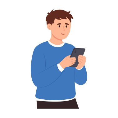 Cep telefonu tutan adam. Akıllı telefonlu erkek karakter, elinde cep telefonu, cihaz, çevrimiçi kaydırma, internette gezinme. Beyaz arkaplanda vektör illüstrasyonu izole edildi.