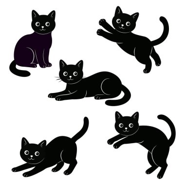 Farklı pozlardaki sevimli siyah kediler beyaz arka planda izole edilmiş..