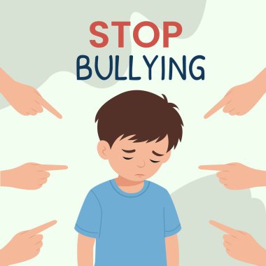 Posterlere sataşmayı bırak. Farklı eller korkmuş bir çocuğu işaret ediyor. Zorbalık kurbanı. Ulusal zorbalık önleme ay vektör illüstrasyonu.