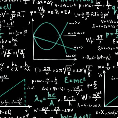 Beyaz fizik formüllerinden izole edilmiş kusursuz desen ve siyah arka planda iki grafik.