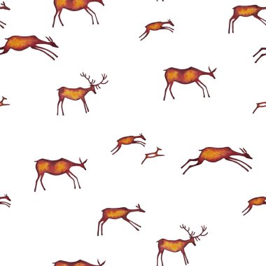 İzole edilmiş suluboya mağara çizimlerinden oluşan kusursuz desenler. Beyaz arka planda otlayan ve koşan geyik ve yumurtlayan geyik çizimleri.