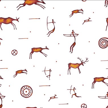 İzole edilmiş suluboya çizimlerden oluşan kusursuz desen, geyiklerin mağara çizimleri, yay ile avlanan insanlar, ayın ilkel görüntüleri, yıldızlar, beyaz arkaplan üzerinde spiral.