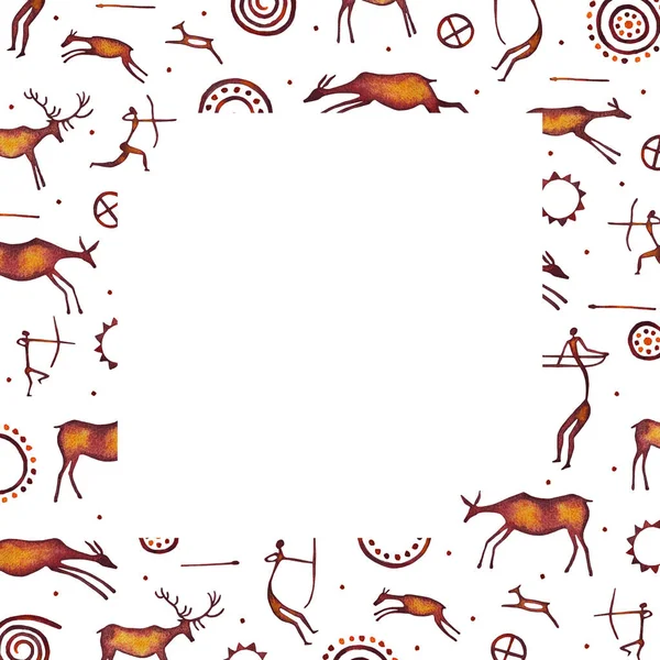 stock image Frame composed of isolated watercolor set of cave drawings of deer, people hunting with bows, primitive images of the moon, stars, spiral on a white background