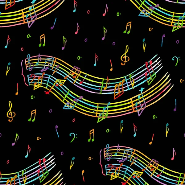 Seamless pattern of watercolor isolated illustrations of notes, treble clef, bass clef and melody done in rainbow colors on a black background