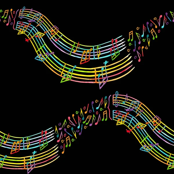 Seamless pattern in the form of a wave of watercolor isolated illustrations of notes, treble clef, bass clef and melody made in rainbow colors on a black background