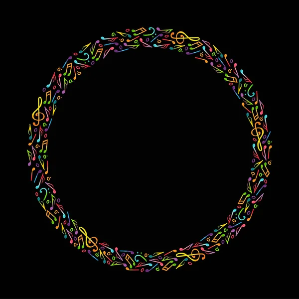 A wreath of watercolor isolated illustrations of notes, a treble clef, a bass clef made in rainbow colors on a black background