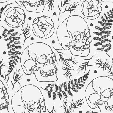 Siyah ve beyaz grafik kafatasları, şakayık çiçekleri ve tomurcukları, şakayık yaprakları, okaliptüs, söğüt, eğreltiotu beyaz bir arka planda bulunur.