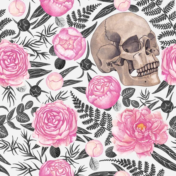 Renkli sepia boyalı bir kafatası, çiçek açan pembe şakayık ve şakayık tomurcukları, siyah ve beyaz şakayık yaprakları, okaliptüs, söğüt, eğrelti otu, beyaz bir arka plan