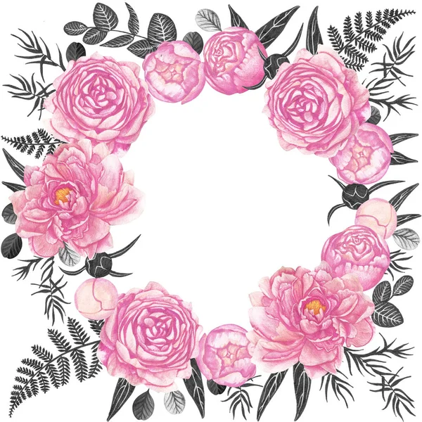 Suluboya pembe şakayıklardan oluşan bir çelenk ve beyaz arka planda kesilmiş siyah ve beyaz renkli grafikler.