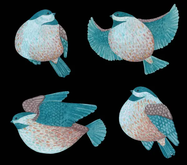 Stylized watercolor drawings of two flying and two sitting tits in emerald and orange colors isolated on a black background.