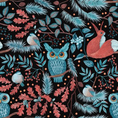Isolated seamless pattern composed of watercolor drawings of owls, squirrels, tits, pine branches and cones, elderberry leaves and berries, rowan berries, snow berries, oak leaves, acorns, fireflies 