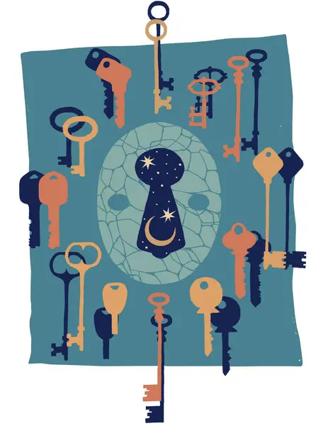 A finished isolated printed poster made up of hand-drawn various golden keys and their shadows, a keyhole through which you can see the night sky with stars and the moon. Vintage color palette from the 60s, 70s, 80s.