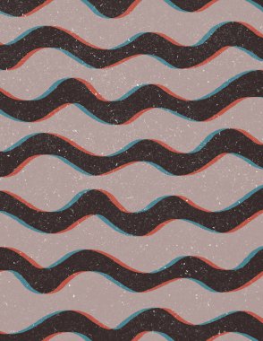 A digital poster in a vintage risograph style with a 60s color palette that features thick wavy lines in dark brown with a chromatic aberration effect on a light gray-pink background and a worn effect clipart