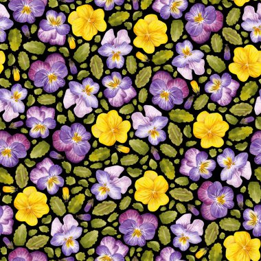 Leylak, menekşe ve sarı çiçeklerin yanı sıra tomurcukları ve yeşil yapraklarıyla elde çizilmiş suluboya menekşelerden yapılmış izole bir desen.