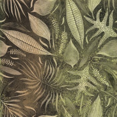 İzole edilmiş yeşil-turuncu desen, siyah arka plandaki tropik yaprakları taklit eden elle çizilmiş bir suluboya seti içeriyor.