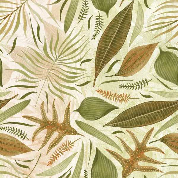 Stock image Seamless pattern consisting of hand drawn green and orange watercolor set of tropical leaves and their prints