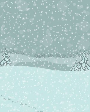 Buz pateni pisti, kozalaklı orman ve zümrüt renkleriyle kaplı tarlaları olan dijital grafik kış manzarası