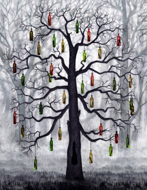 Dalları çok renkli cam şişelerle dolu, yaprakları olmayan, sisli bir ormanda duran bir ağacın suluboya çizimi.