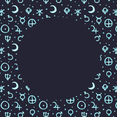 Eşit olmayan çizilmiş yıldız ve gezegen sembollerinin mavi renkli ve parlak efektli çerçevesi