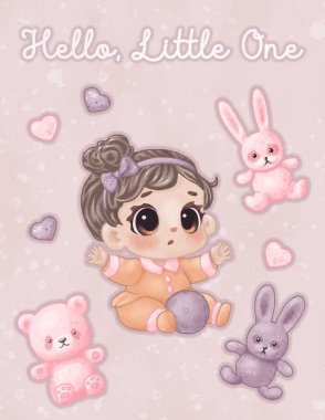 Kahverengi gözlü, siyah saçlı, yumuşak oyuncaklı (ayı, tavşan, kalp), pastel pembe ve leylak renkleriyle süslenmiş şirin bir bebek resmi olan yeni doğan kartı.
