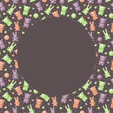 Sönük mor, turuncu ve yeşil renkli (ayı, tavşan, top, kalp) yumuşak oyuncakların çerçevesi