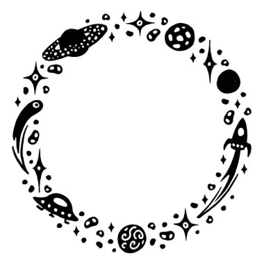 Siyah çizgi film yıldızlarından oluşan çelenk, Satürn, Jüpiter, Uranüs, kuyruklu yıldız ve ay, roket, UFO, eski tipografi efektiyle el çizimi.