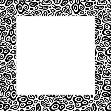 Frame consisting of black random holey spots of irregular shapes of different sizes drawn by hand with a marker with the effect of an old typography clipart