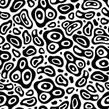 Seamless pattern consisting of black random holey spots of irregular shapes of different sizes drawn by hand with a marker with the effect of an old typography clipart