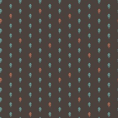 Kırmızı mavi ritmik köknar ağacının pürüzsüz deseni 60 'ların paletinde kahverengi arka planda işaretli elle çizilmiş.