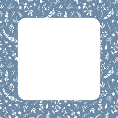 Rastgele dağılmış kır çiçeklerinin beyaz siluetlerinden yapılmış mavi yuvarlak çerçeve 