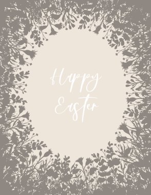 Easter greeting card with an egg-shaped frame of beige silhouettes of painted wildflowers on a light beige background clipart