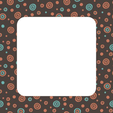 Yuvarlak köşeli çerçeve turuncu ve mavi desenli el yapımı işaretli daireler, kahverengi arka planda toplar ve noktalar