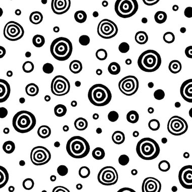 Elle çizilmiş işaretli, kusursuz siyah beyaz desenli daireler, toplar ve noktalar.
