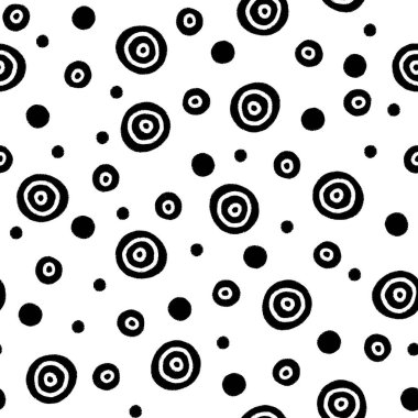 Elle çizilmiş işaretli, kusursuz siyah beyaz desenli daireler, toplar ve noktalar.