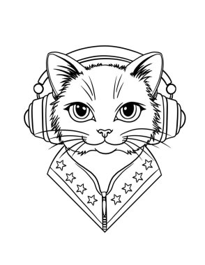 Kafasında kulaklık olan bir kedinin çizimsel portresi 80 'lerin tarzında yıldızlı bir ceketle.