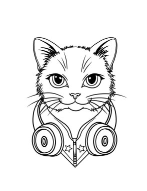 Göğsünde kulaklık olan bir kedinin çizimsel portresi. Yıldızlı bir ceketle 80 'lerin tarzında.