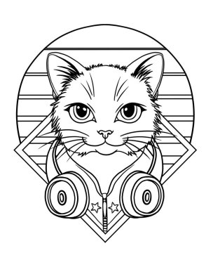 Göğsünde kulaklık olan bir kedinin çizimsel portresi 80 'lerin tarzında yıldızlı bir ceketle stilize edilmiş bir güneşin arka planında.