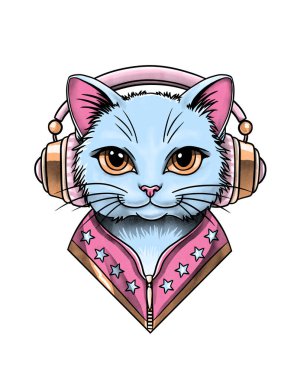 Kafasında kulaklık olan yıldızlı bir ceketle 80 'lerin tarzında kırmızı gözlü mavi bir kedinin grafiksel portresi. 