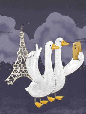 Geceleri Paris 'te Eyfel Kulesi' nde selfie çeken komik kazlar.