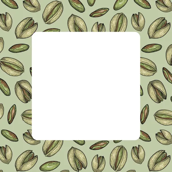 Yeşil arka planda el çizimi vintage tarzıyla renkli fıstıklı çerçeve ve boş beyaz kare merkezli