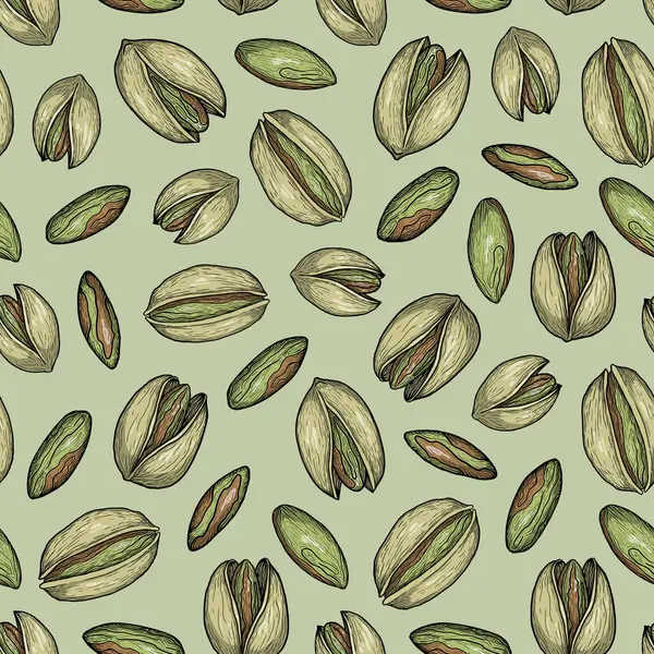 Renkli dikişsiz şam fıstığı deseni, yeşil arka planda el yapımı fındık, tekstil için klasik gıda tasarımı.