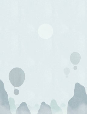Sıcak hava balonları ve soluk güneşli minimum sisli dağ manzarası, resimleme için rüya gibi yumuşak arkaplan