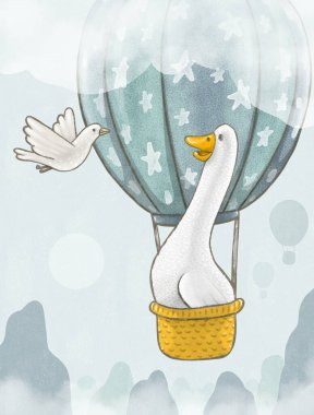 Karikatür kazı sıcak hava balonuyla uçuyor sisli dağların üzerinde kuş yoldaşıyla, garip bir kartpostalla